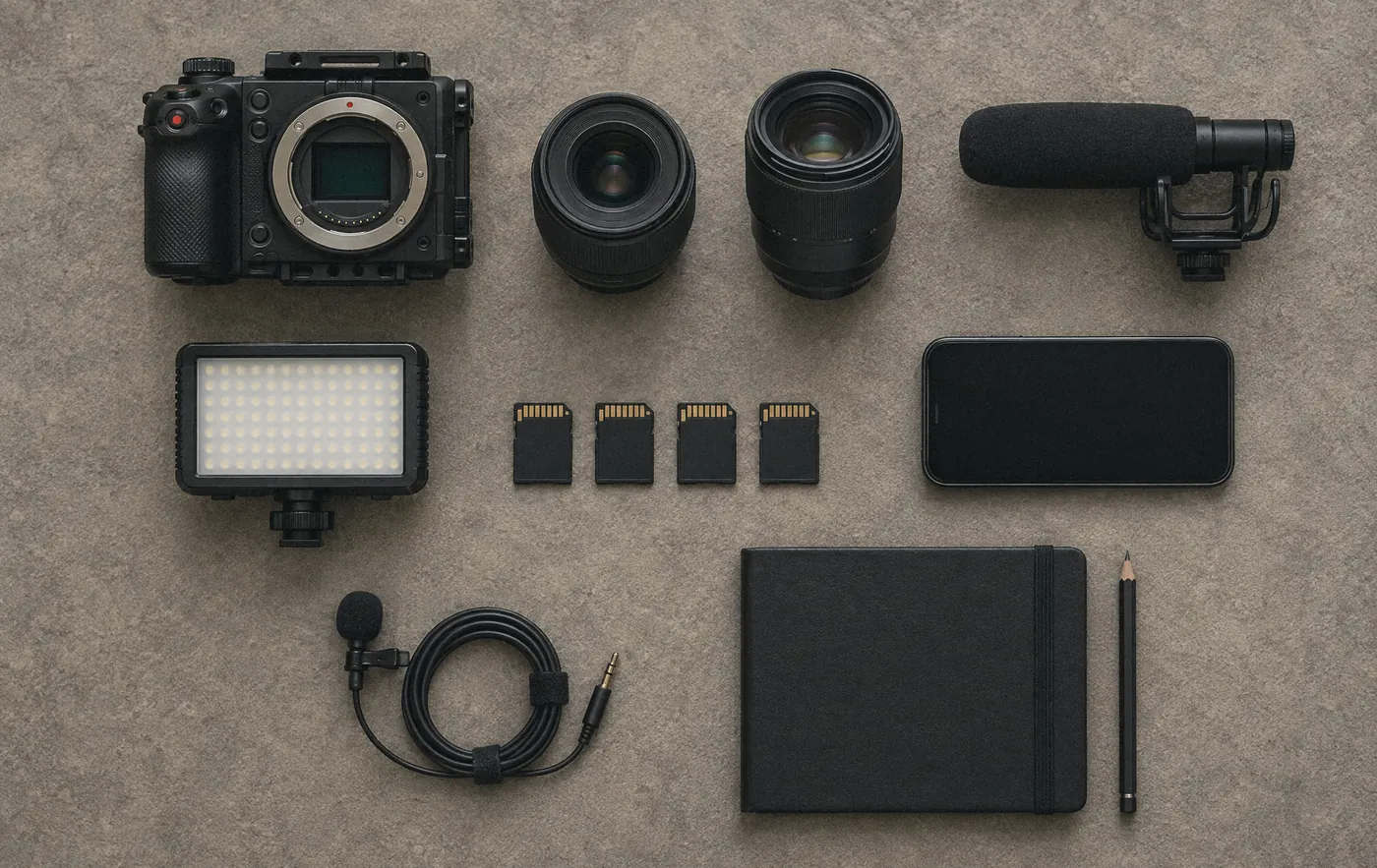 Camera, lenses, microphones, lights and memory cards laid out in a neat grid