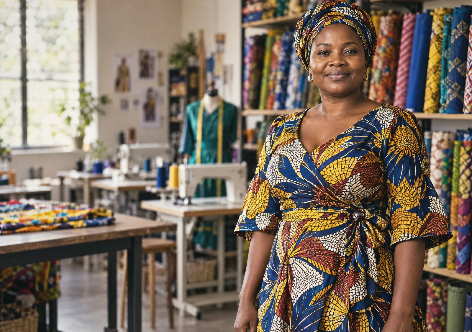 A cooperative leader stands in her tailoring workshop, looking into the camera with quiet pride